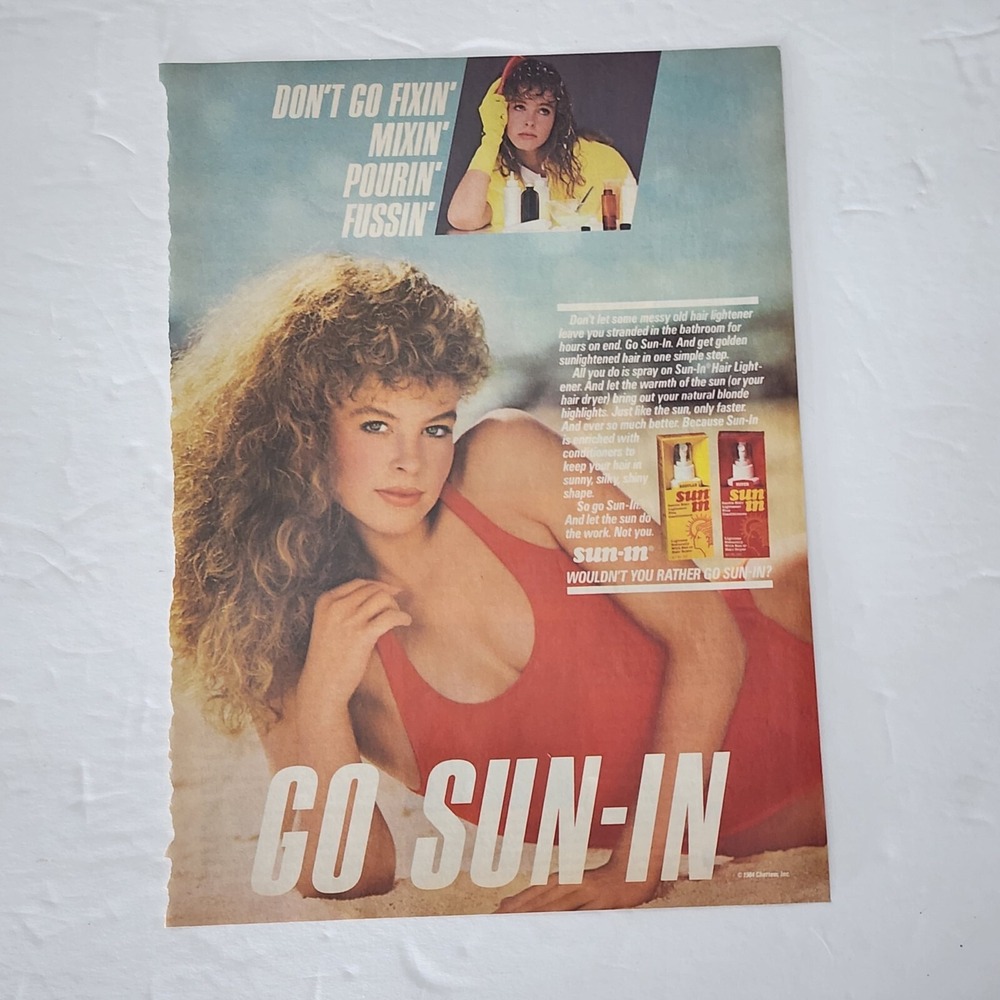Vintage 1984 Sun-In Print Ad Model Red Bathing Suit Beach Magazine Clipping 8x11